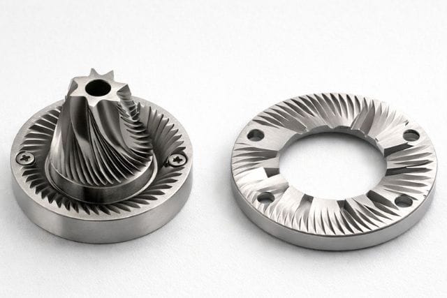 Kahvimyllyn kartioterä ja laakaterä vierekkäin