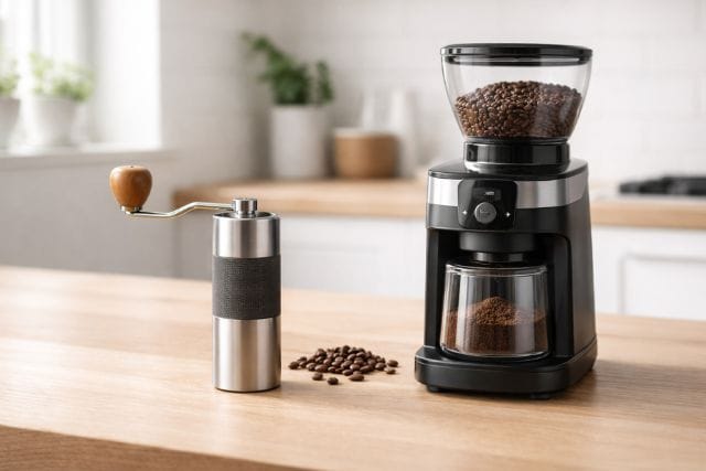 Manuaalinen ja sähkökäyttöinen kahvimylly vierekkäin