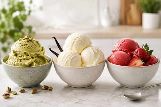 Gelato, vaniljajäätelö ja mansikkasorbetti vierekkäisissä kulhoissa