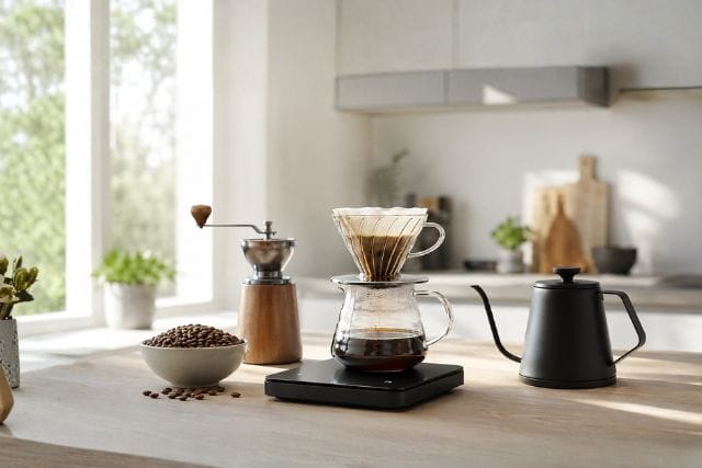 Kahvivaaka pour over -kahvin valmistuksessa suomalaisessa kotikeittiössä.