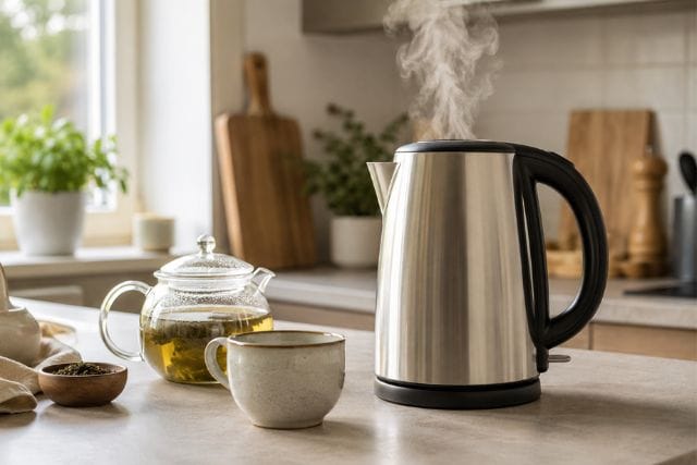 Moderni vedenkeitin ja teekannu vaaleassa kotikeittiössä
